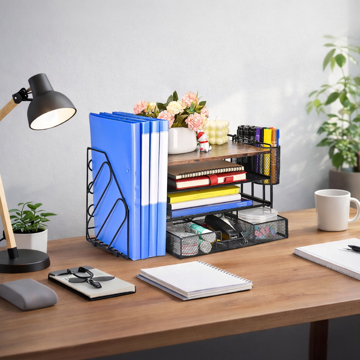 All-in-One Desktop Organizer Set, 4-Tier Desk Organizers Office Accessories with Drawer, File Holders and 2 Pen Holder for Office Supplies