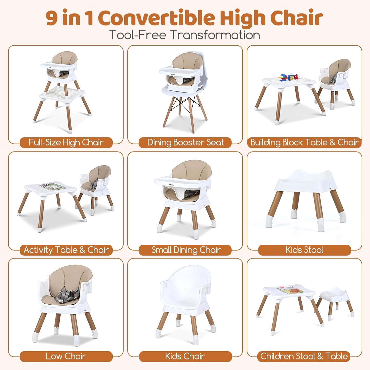 INFANS Baby High Chair, 9 in 1 Convertible Highchair for Babies and Toddlers, Building Block Table Dining Booster Seat Activity Desk Kids Stool with Adjustable Removable Tray