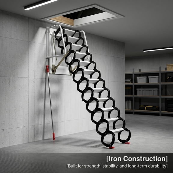 10FT Pull Down Attic Stairs, 12 Steps Iron Loft Ladder Folding Staircase with Handrails for Attic, Garage, Roof, Basement