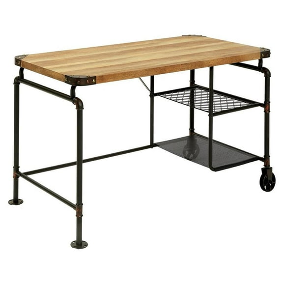 Pemberly Row Metal Writing Desk with Casters in Antique Black
