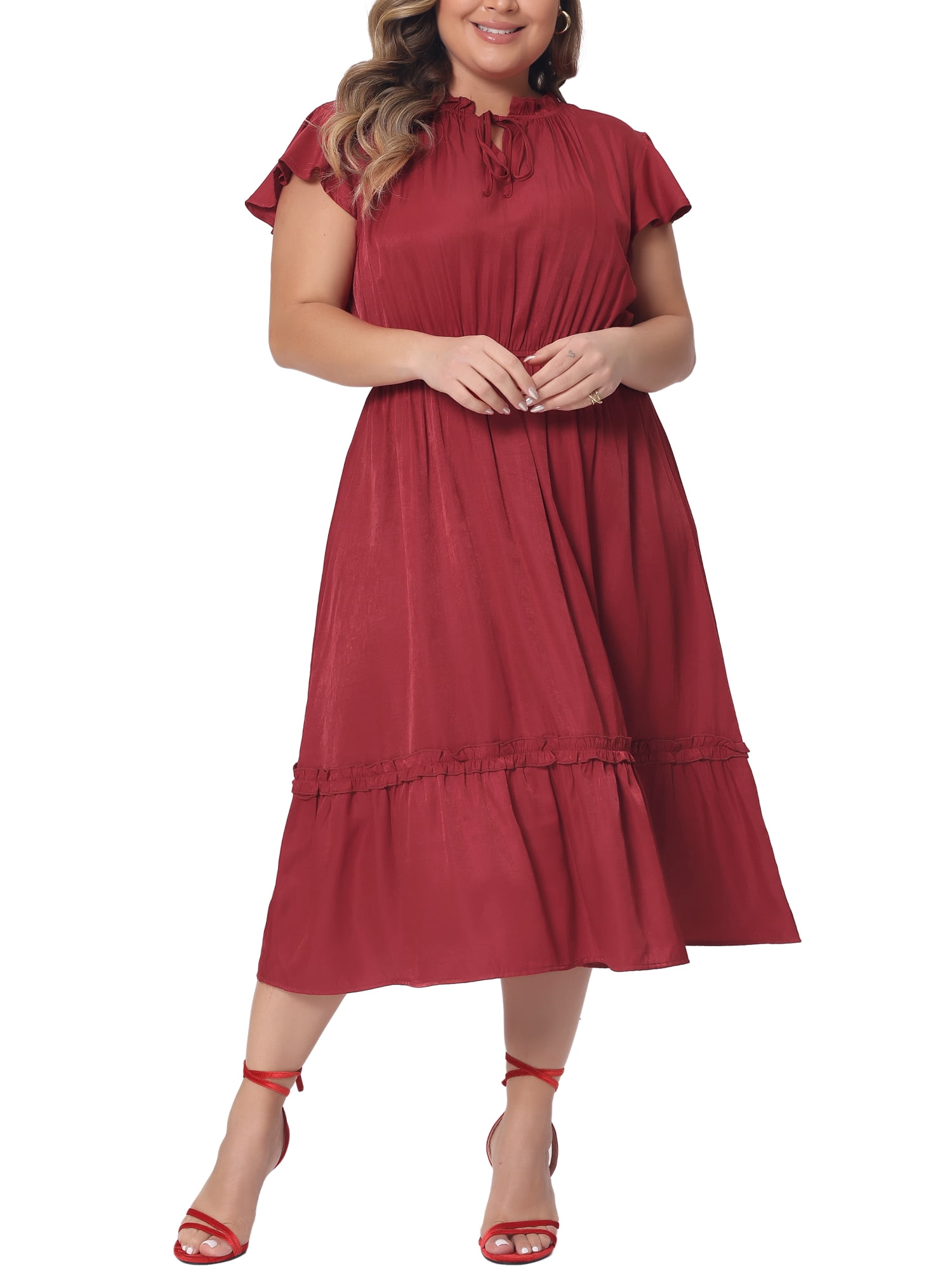 DARING DIVA Women's Plus Size Bow Tie Neck Ruffle Cap Sleeve A Line Midi Dress 3X Red