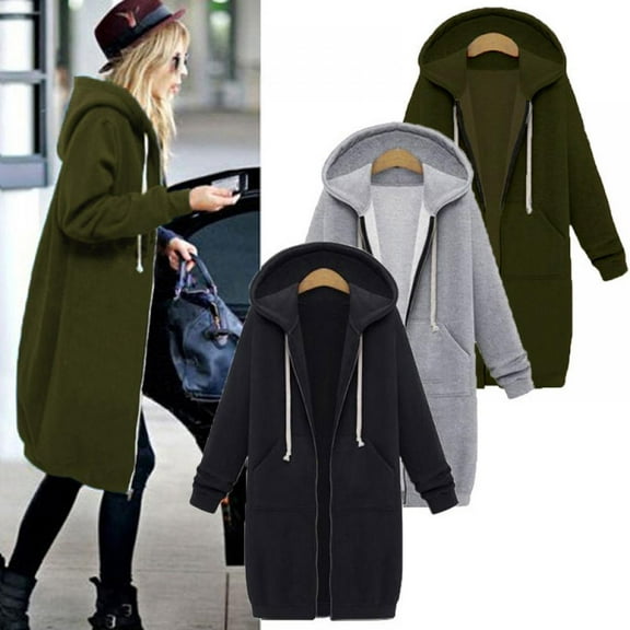 Women Mid Long Hoodies Coat Autumn Casual Sweatshirt Long Sleeve Zip Drawstring Jacket Outerwear with Pockets