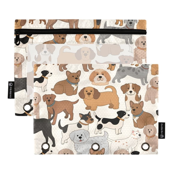 ALAZA 2 Pack Pencil Pouch Dogs Cartoon Pencil Case for 3 Ring Binder Clear Window Pencil Bag Organizers