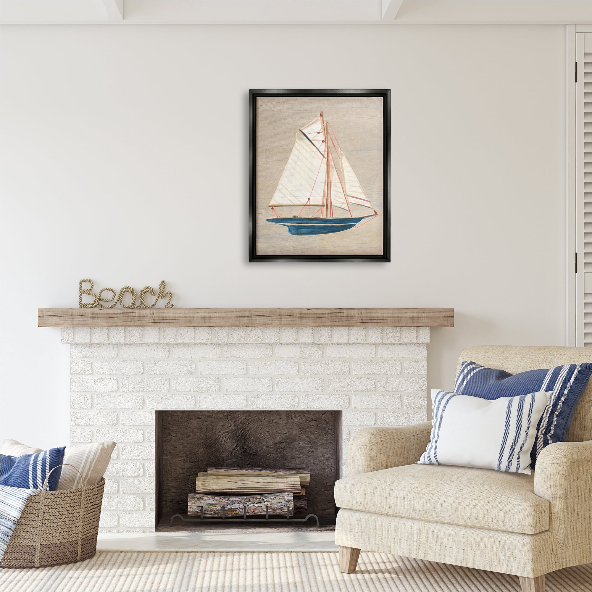 Stupell Industries Rustic Blue Sailboat Transportation Painting Black Floater Framed Canvas Art Print Wall Art, 25 x 31