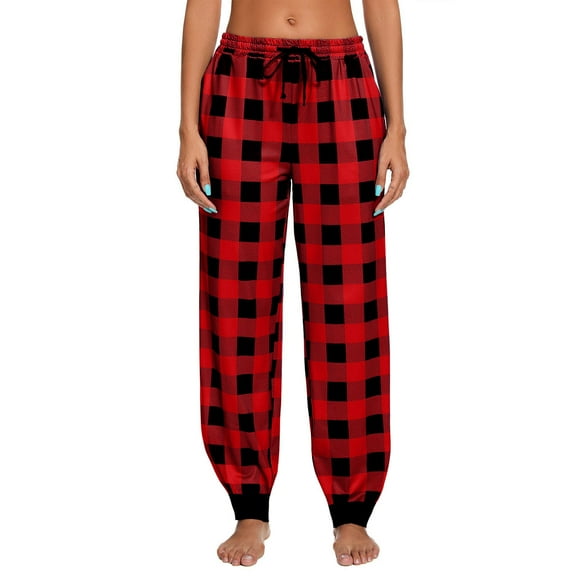 FRSASU Women's Wide Leg Jeans High Waisted Drawstring Stretchy Straight Leg Plaid Print Loose Pants with Pockets Red