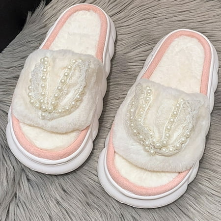 

PIKADINGNIS 2022 Heart Modelling Design Fluffy Fur Slippers Women Winter Warm Closed Plush Home Slippers Platform Height 4cm Women Shoes