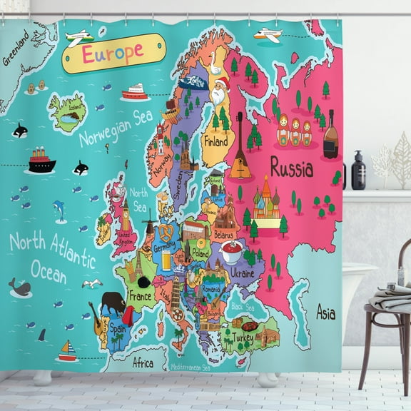 Ambesonne Map Shower Curtain, Cartoon Europe Map Landmark, 69"Wx70"L, Multicolor
