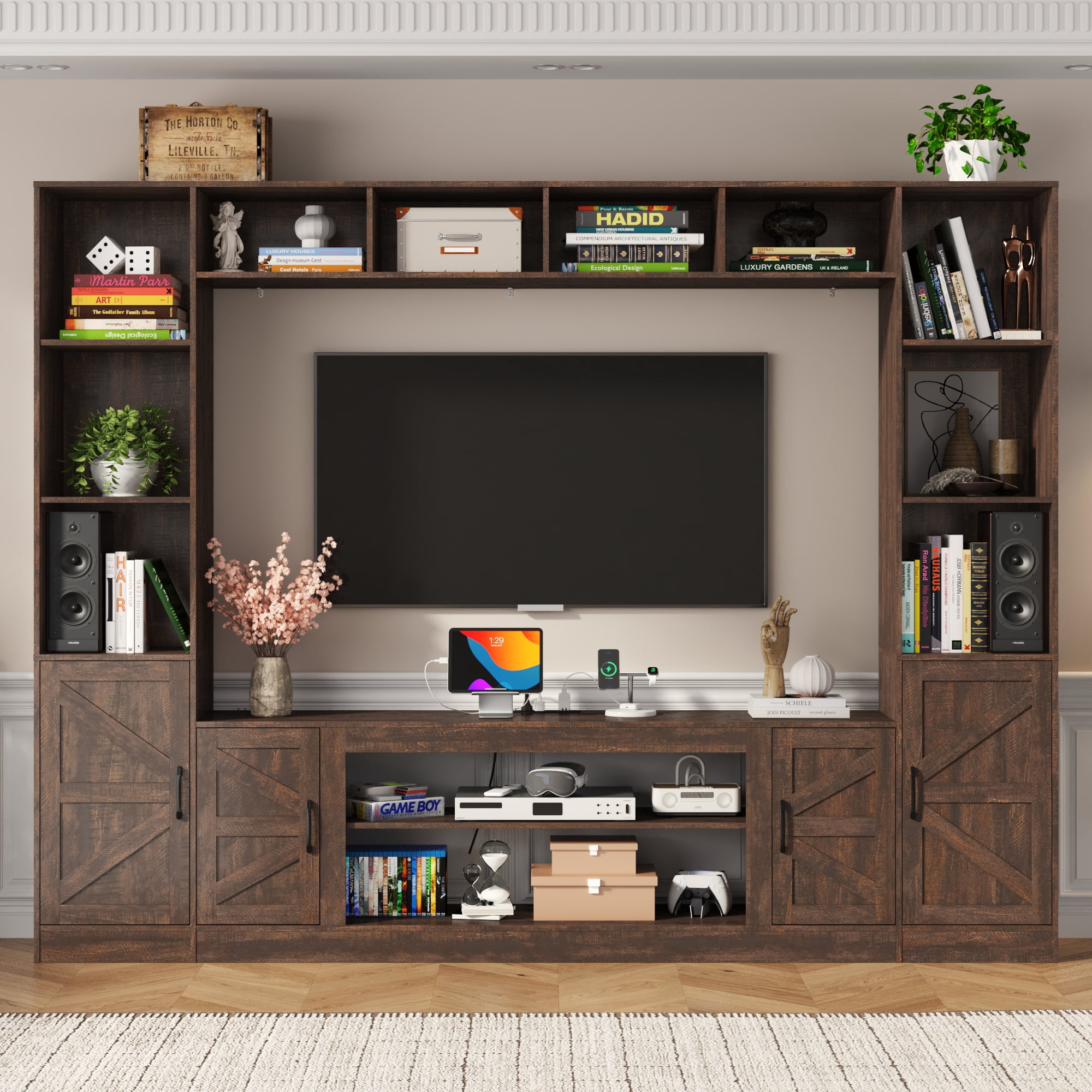 ChVans 103" Large Farmhouse Wall Unit Entertainment Center with Bookshelves, Storage Shelves & Barn Door Cabinet, Rustic Farmhouse TV Stand Media Console Table for Living Room & Home Theater