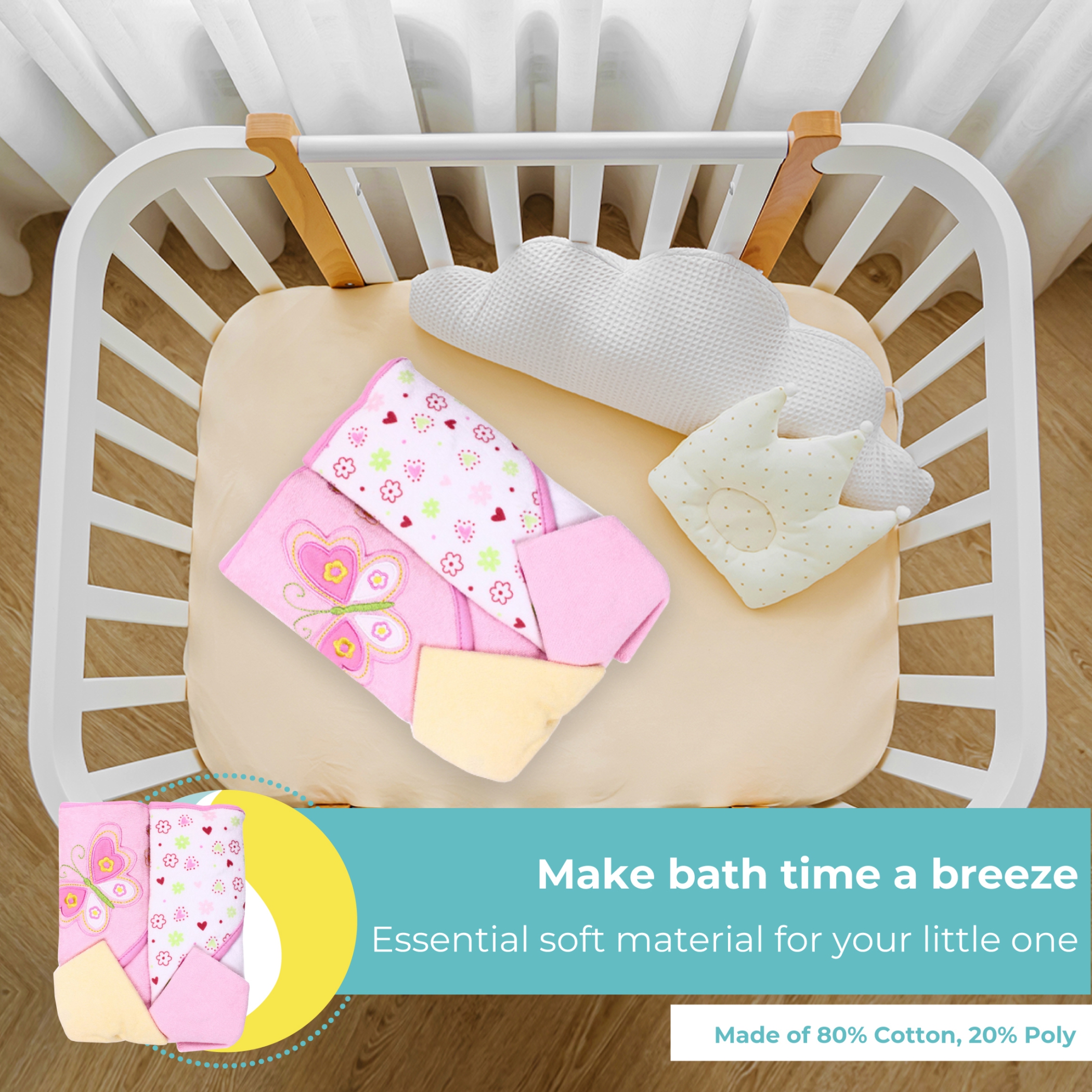 Spasilk Baby Hooded Towels & Washcloths Set, Pink Butterfly photo 4