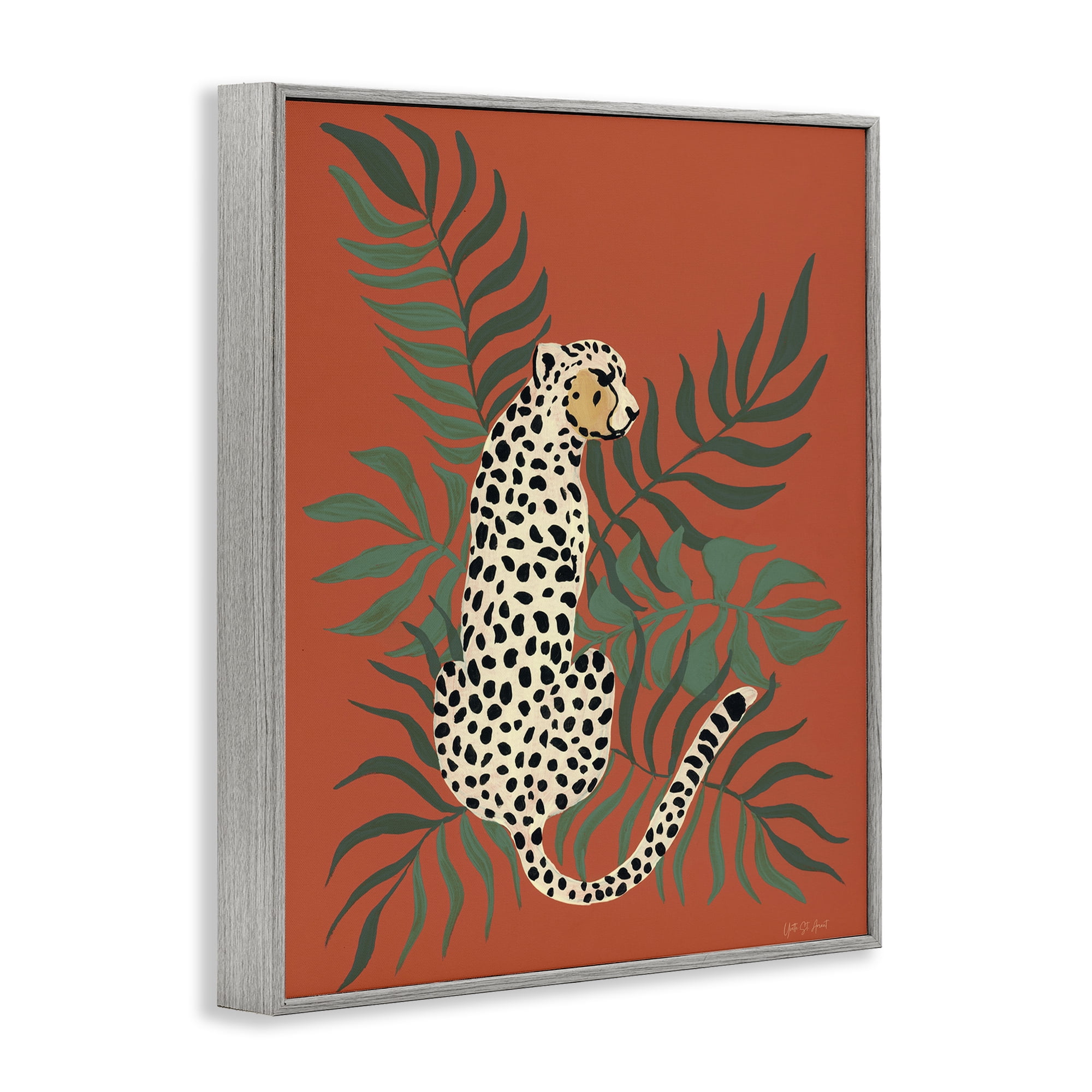 Stupell Industries Leopard & Palm Leaves Animals & Insects Painting Gray Framed Art Print Wall Art, 24 x 30