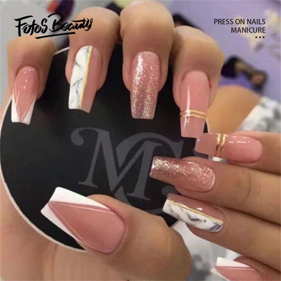 Fofosbeauty 24pcs Press on False Nails, Long Coffin Fake Nails,Spark Glod with French Vwhite