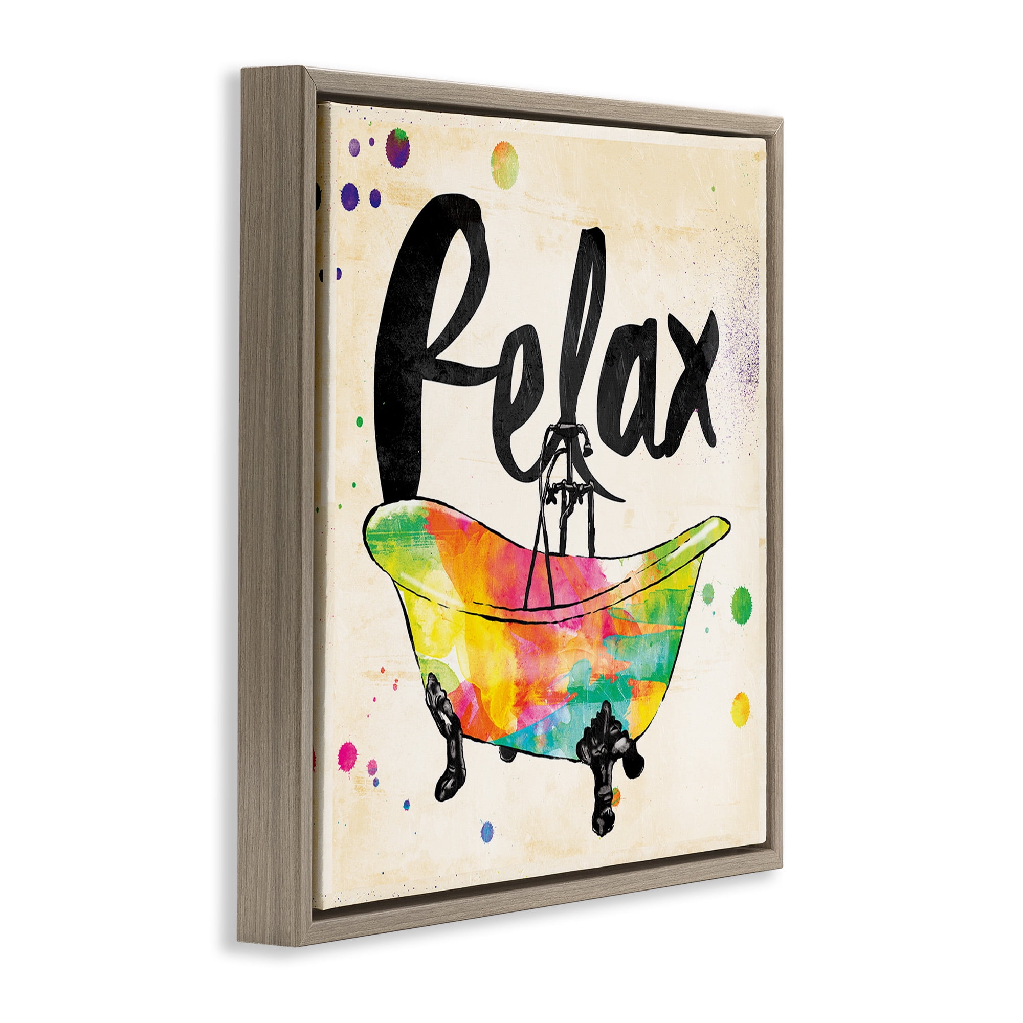 Stupell Industries Relax Rainbow Colors Icon Bath Typography Painting Brown Floater Framed Canvas Art Print Wall Art, 25 x 25