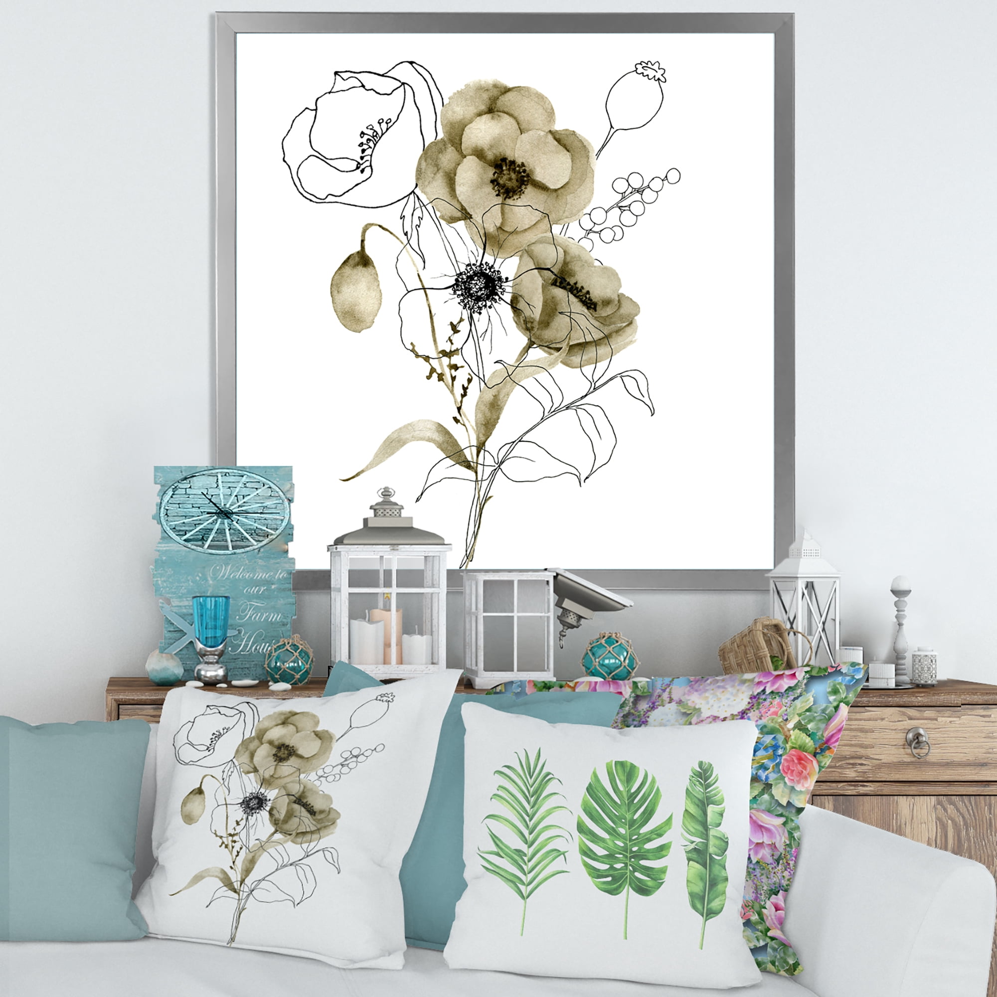 Designart 'Eucalyptus Branches With Anemone Bouquet Flower' Traditional Framed Art Print