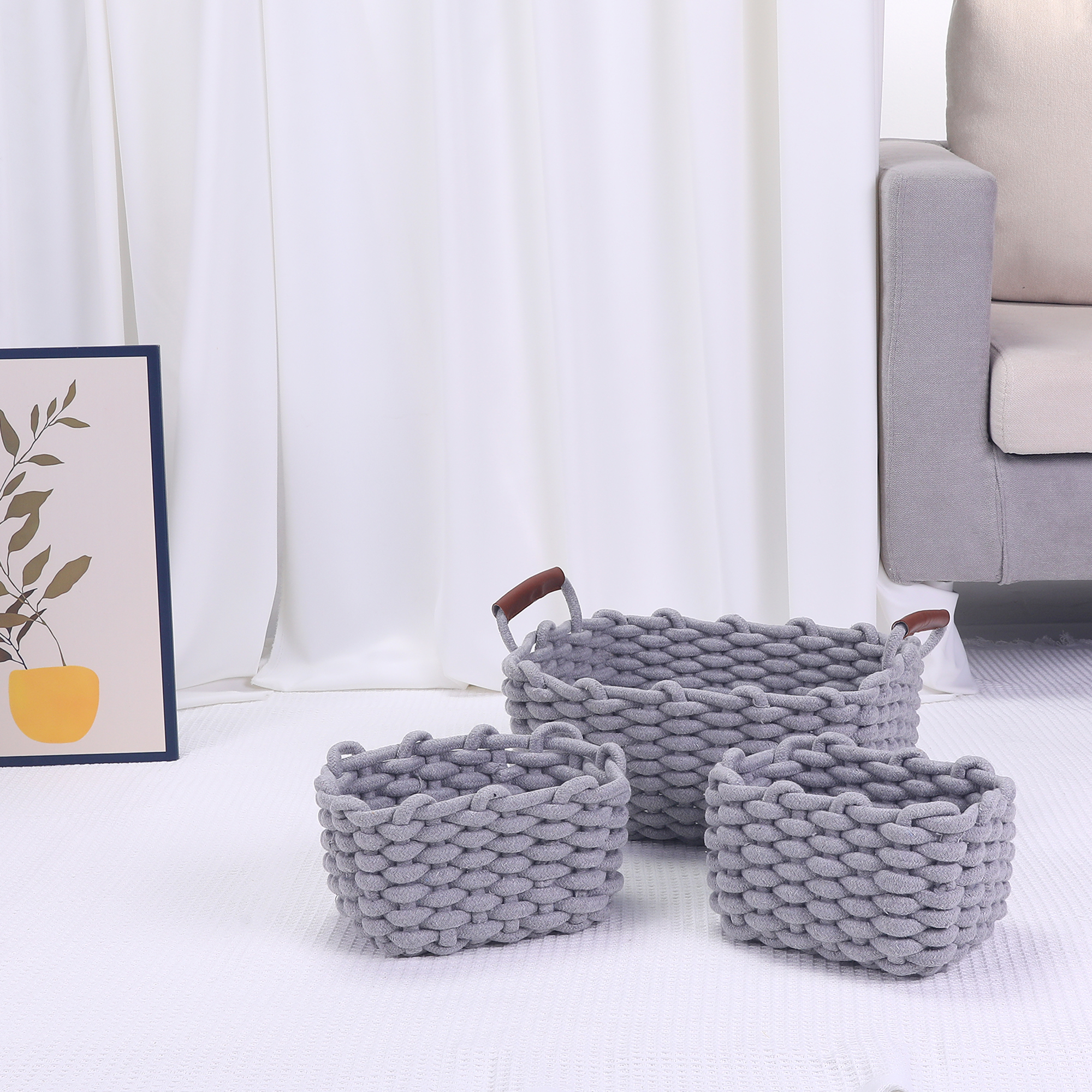 Unique Bargains Woven Storage Basket Shelf Storage Bin with Handle for Key Tray Bowl Grey