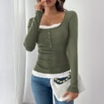 thumbnail image 5 of CIENVNSTG Women Lace Patchwork Ribbed Knit Tee Scoop Neck Casual Slim Fit Long Sleeve Crewneck Button Up Ruched Crop T-Shirts Army Green L, 5 of 7