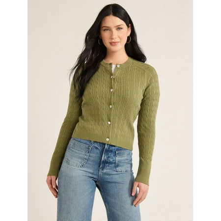 Free Assembly Women’s Cozy Yarn Cable Knit Cardigan Sweater with Long Sleeves, Lightweight, Size XS-XXXL