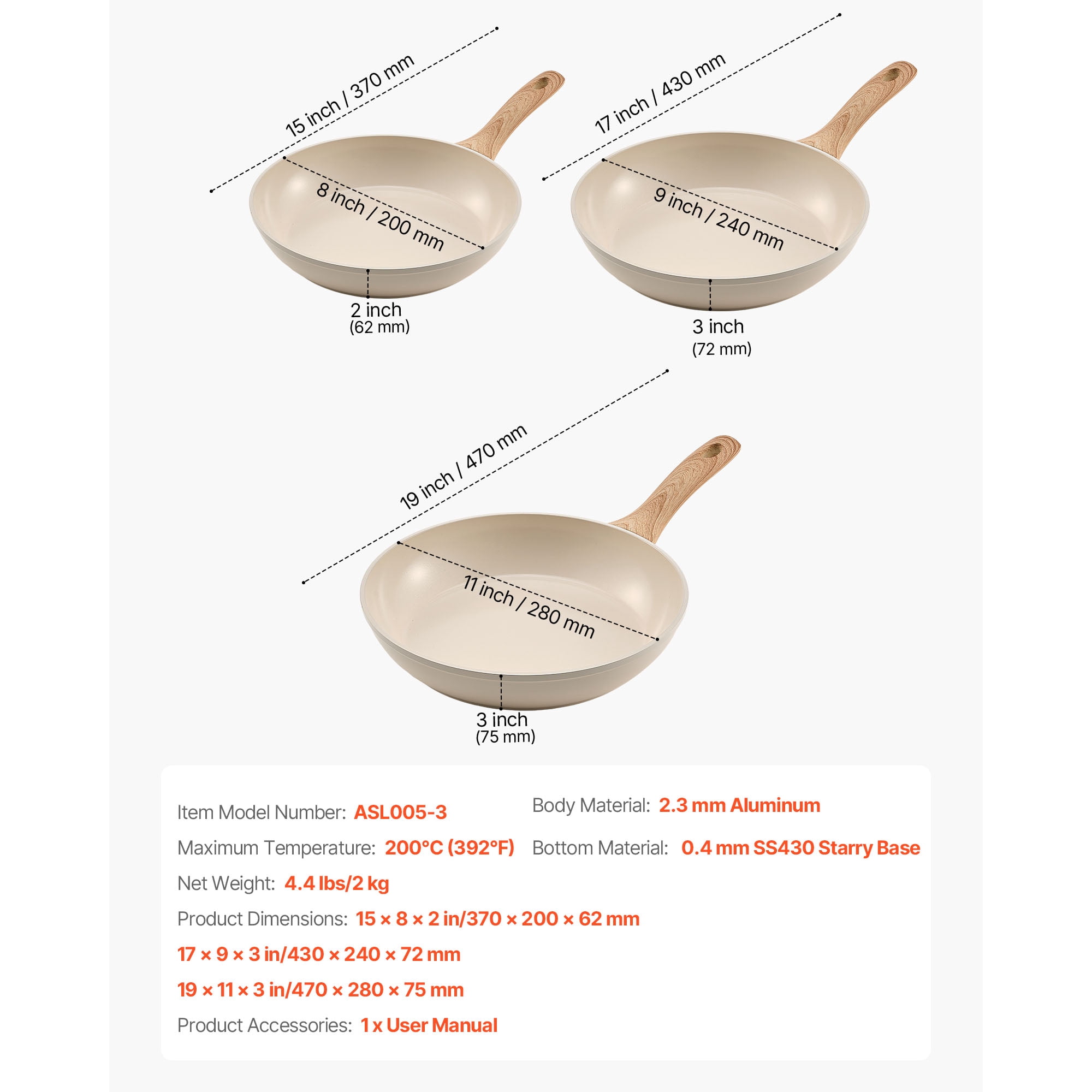 KFFKFF Aluminum Frying Pan Set, Nonstick Ceramic Skillets, 3 Sizes (8, 9.5, 11 in), Durable Cookware with Heat-Resistant Handles, Compatible with Gas, Electric, and Induction Stoves, Beige