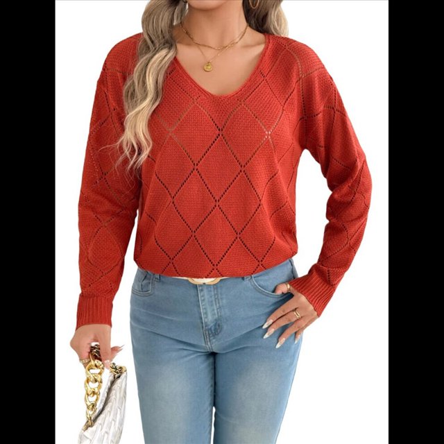 Suéter de Crochet para Mujer, Top de Larga Calada, Conjuntos de Otoño, Moda Naranja-Rojo L