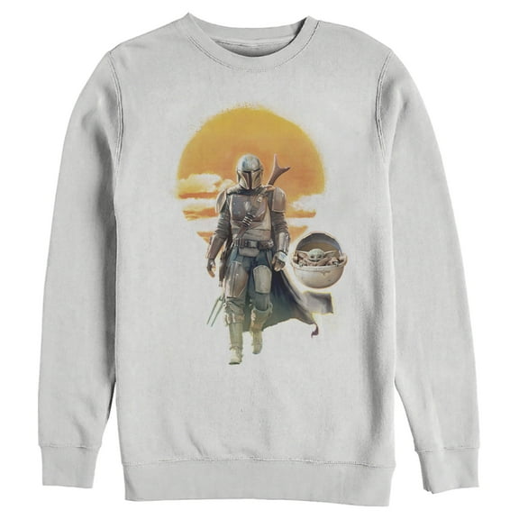 Men's Star Wars: The Mandalorian The Child and Mando Walking Sunset  Sweatshirt White 2X Large