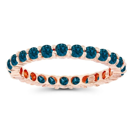 Decadence Solid 14K Rose Gold 2.50mm Round Micropave Natural London Blue Topaz December Birthstone Stackable Eternity Band Ring For Women, Size 7