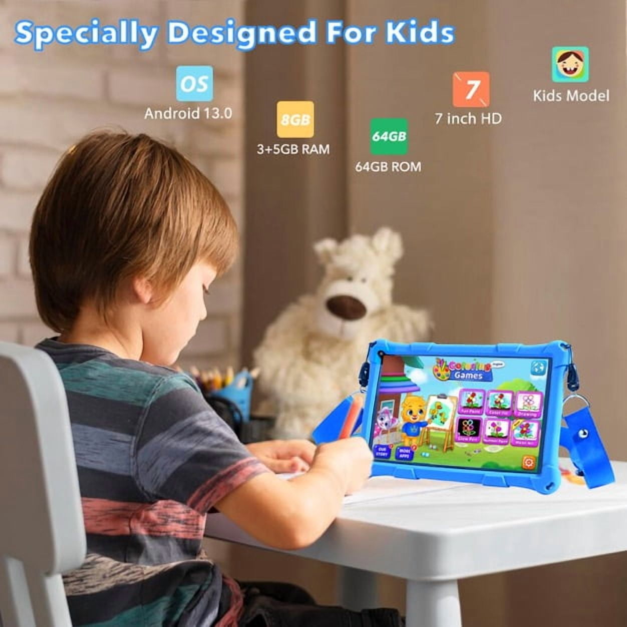 Thunrlge Kids Tablet, 7-Inch Kids Tablet, Android Tablet, 3+5 RAM 64GB ROM (TF CARD 256GB) Google Certified, Kids Software Pre-Installed, WiFi, Shockproof Case, Gift for kids, (Blue)