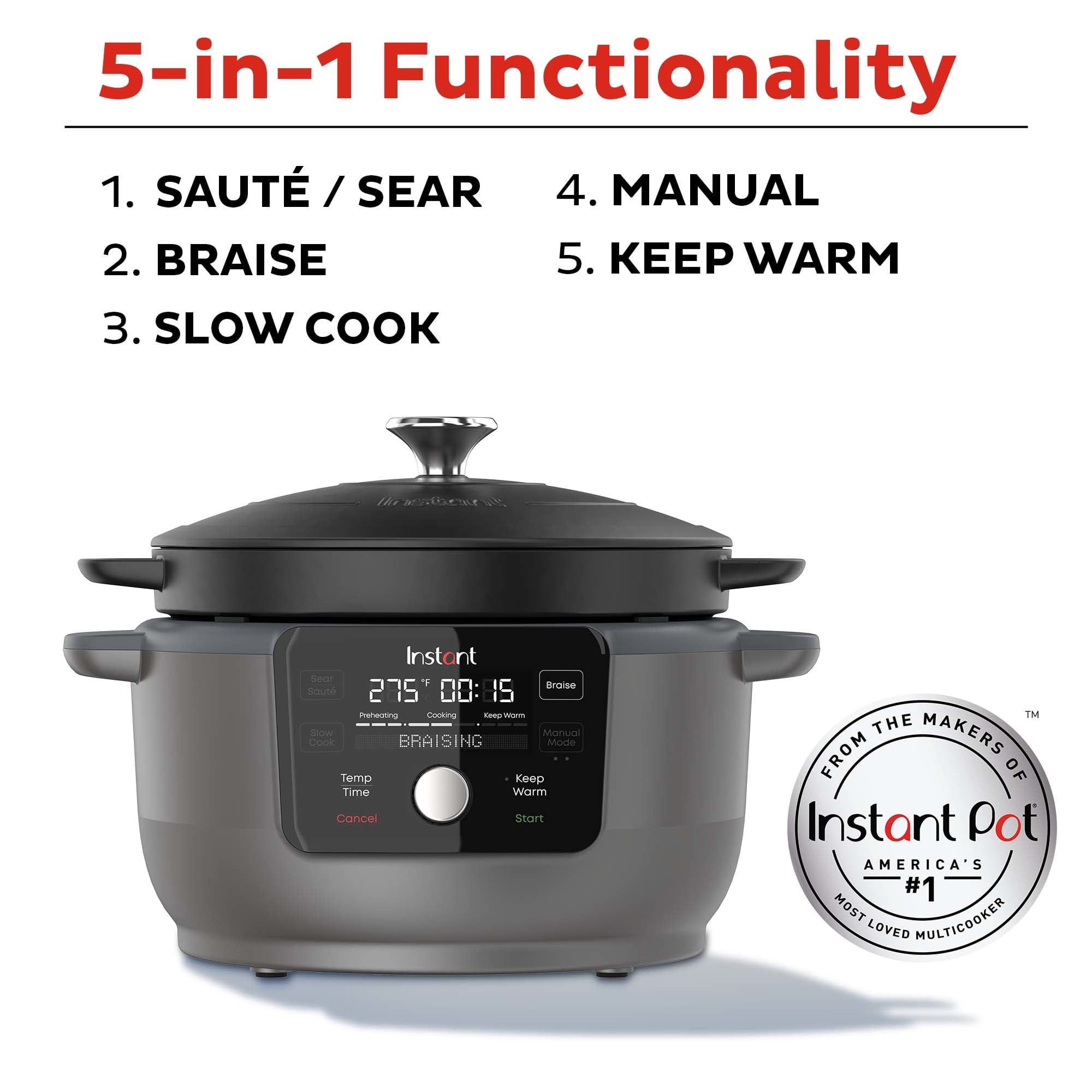 Instant Pot 6-Quart Electric 5-in-1 Round Dutch Oven with Silicon Handle Covers, Black