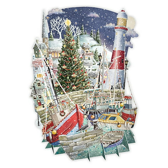 Me & McQ Boats and Red and White Lighthouse in Harbor Laser Cut 3D Pop Up Christmas Card
