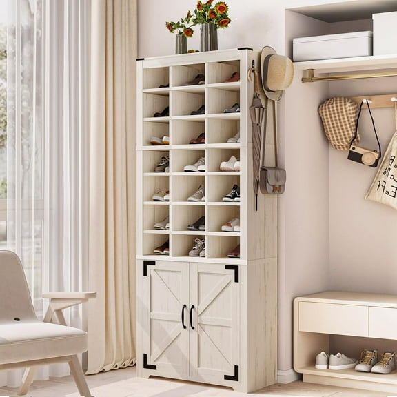 Shoe Storage Cabinet with Doors, 30 Pairs Free Standing Closet Organizer, 8.8" Widened Cell Wood Shoe Shelves, 10 Tiers Vertical Shoe Rack for Entryway, Bedroom, Rustic White SR20914X