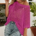 thumbnail image 2 of Crochet Tops for Women Sexy Hollow Out Off Shoulder Short Sleeve Jumper Casual Summer Knit Beach Cover Up Sweater Lightweight Oversized Baggy Pullover Tops Hot Pink S, 2 of 6