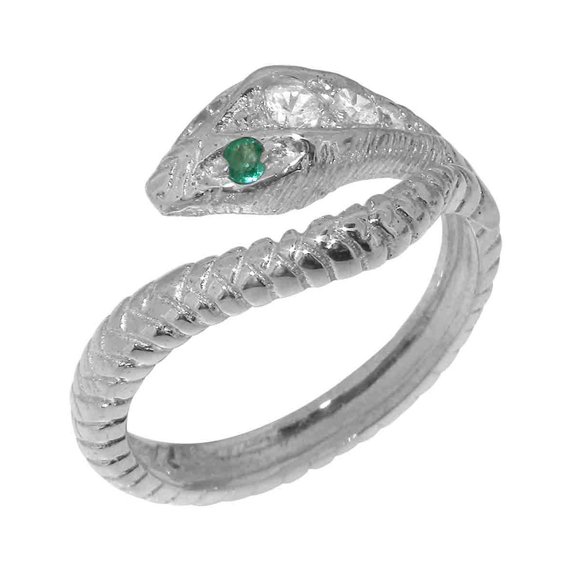 LBG British Made 925 Sterling Silver Natural Diamond & Emerald Womens Band Ring - 33 size options - Size 10
