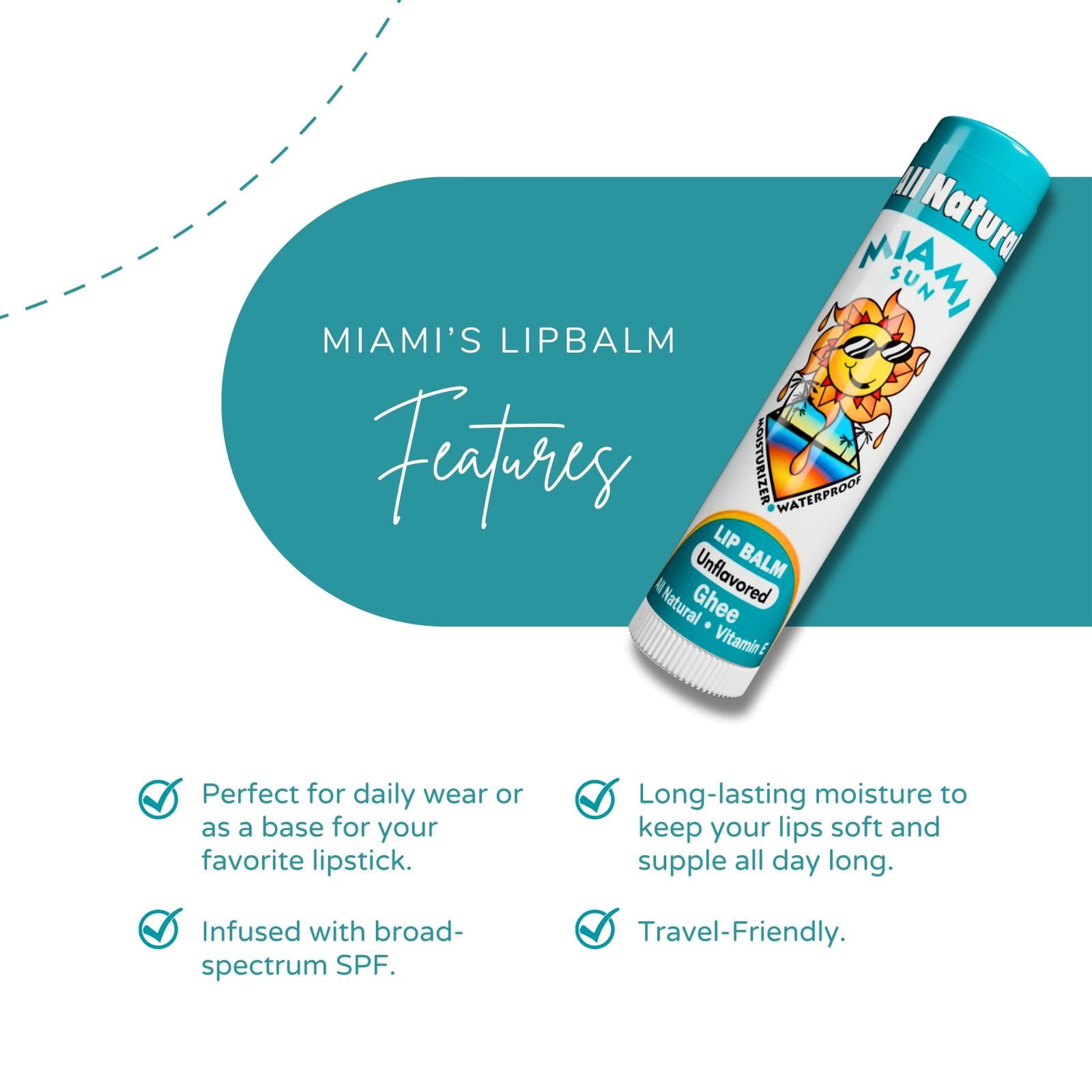 Miami Sun Natural Lip Balm – Unflavored – Moisturizing & Hydrating Lip Care with Ghee, Jojoba & Avocado Oils (12 pcs)