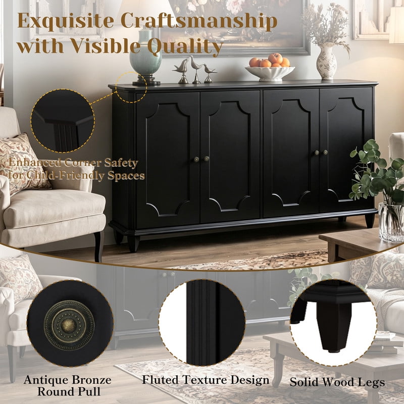 Vintage Farmhouse Buffet Sideboard Cabinet, 4 Embossed-Door Storage Cupboard, Versatile Cabinet with Adjustable Shelf
