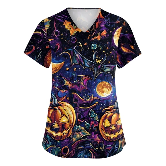 Halloween Scrub Tops Women Plus Size Halloween Pumpkin Nursing Uniform Trendy V Neck Scrub Tops Holiday Short Sleeve Tees Blouse with Pockets Yellow XL