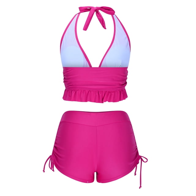Two Piece Swimsuit for Women, Bandage Design with Round Neck and Sleeveless Top, Black Solid Color, Regular Length, Polyester Fabric, for Beach or Pool