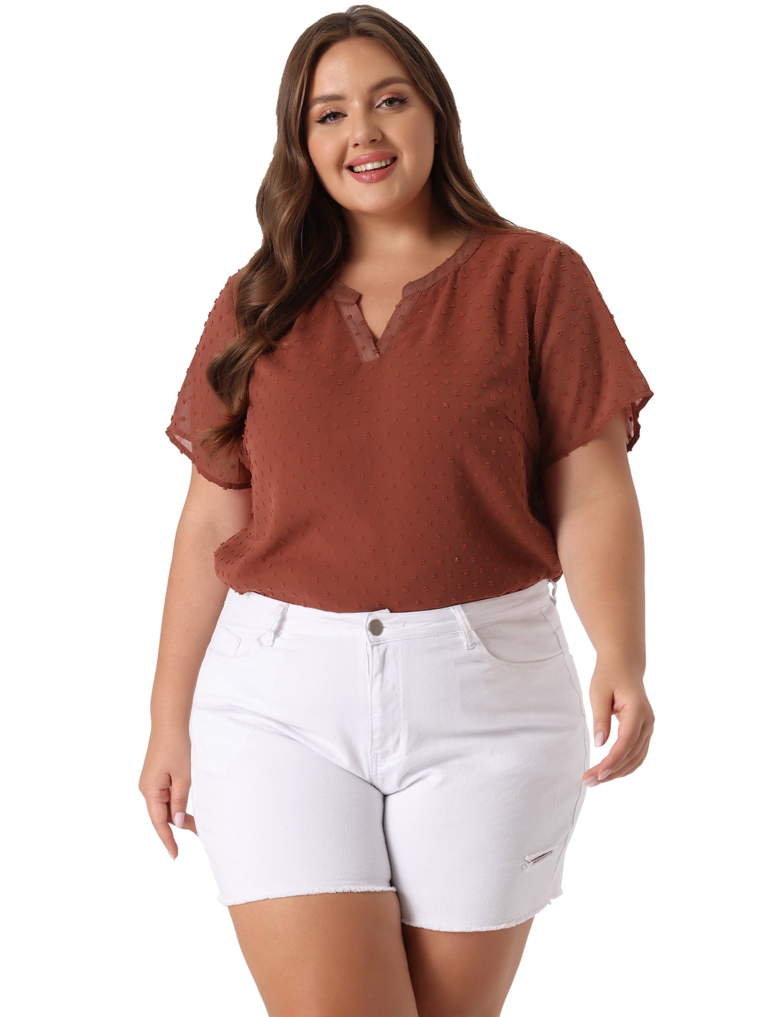 Unique Bargains Women's Plus Size Outfits Fashion Solid Pin Dots V Neck Top 1X Caramel