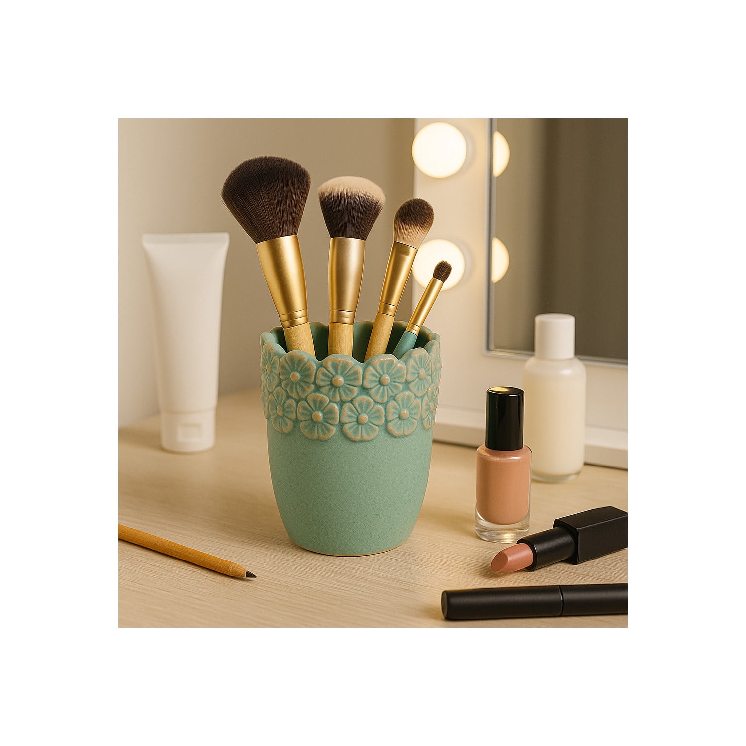 Flower and Scallop Border Ceramic Desk Organizer - Cute Desktop and Office Storage Organizer for Workspace Decor - Functional Small Desk Holder for Office Accessory and Home Decor - 4", Green