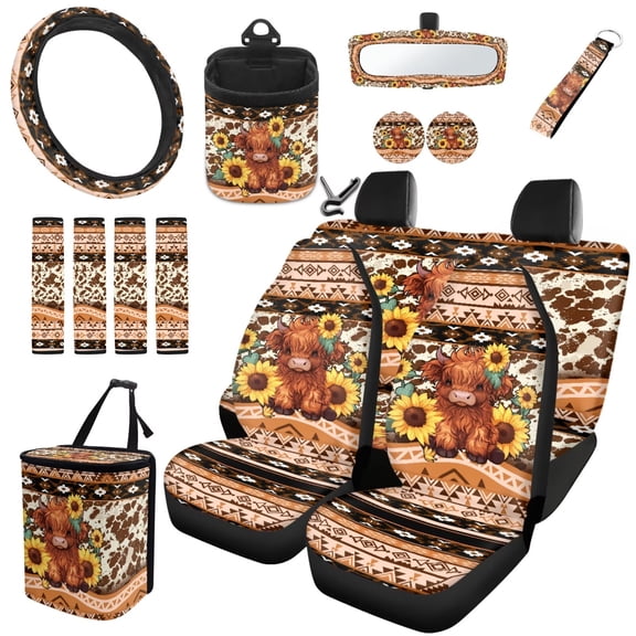 HUIACONG Highland Cow Sunflower Aztec Car Seat Covers Full Set 14 Pcs Universal Fit Anti-Slip Washable Vehicle Interior Accessories with Steering Wheel Cover Seat Belt Pads