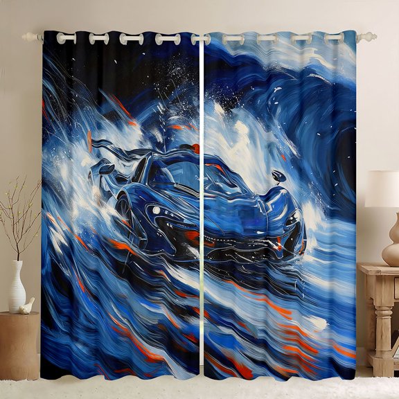 Castle Fairy Ocean Wave Car Black Out Curtains for Teens, Blue Splash Curtains Pack of 2 (42x63 Each) for Kids Room, Navy and Orange
