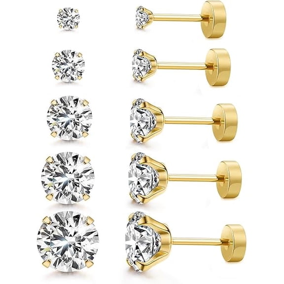Xukmct 5 Pairs Round Cubic Zirconia Stud Earrings 316L Stainless Steel Earrings Set for Women Men