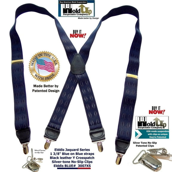 Hold-Ups Blue Jacquard 1 1/2" wide in X-back style and Patented No-slip Nickel Clips