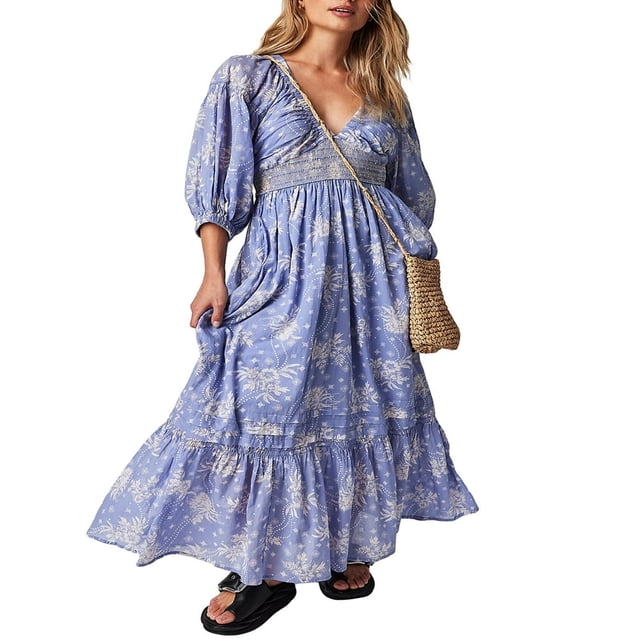 PENGXIANG Robe Bohème Florale pour Femmes Col en V Taille Froncée Longue Robe Fluide