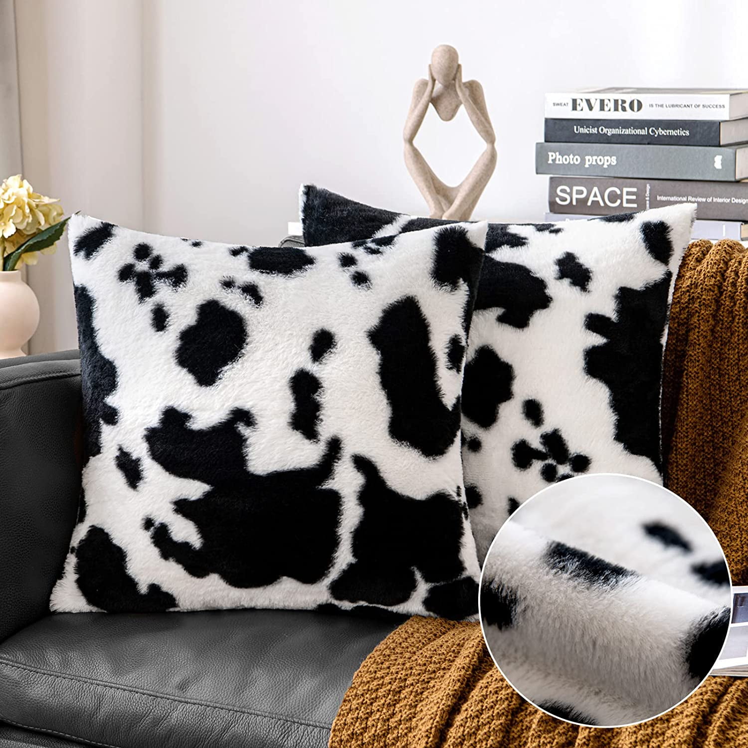Pack of 2 Luxury Faux Fur Throw Pillow Covers Western Decor Cowhide Decorative Soft Fluffy Plush Pillowcases Brindle Hair Rectangle Cushion Covers Living Sofa Bedroom 18x18 Inch Black White Walmart