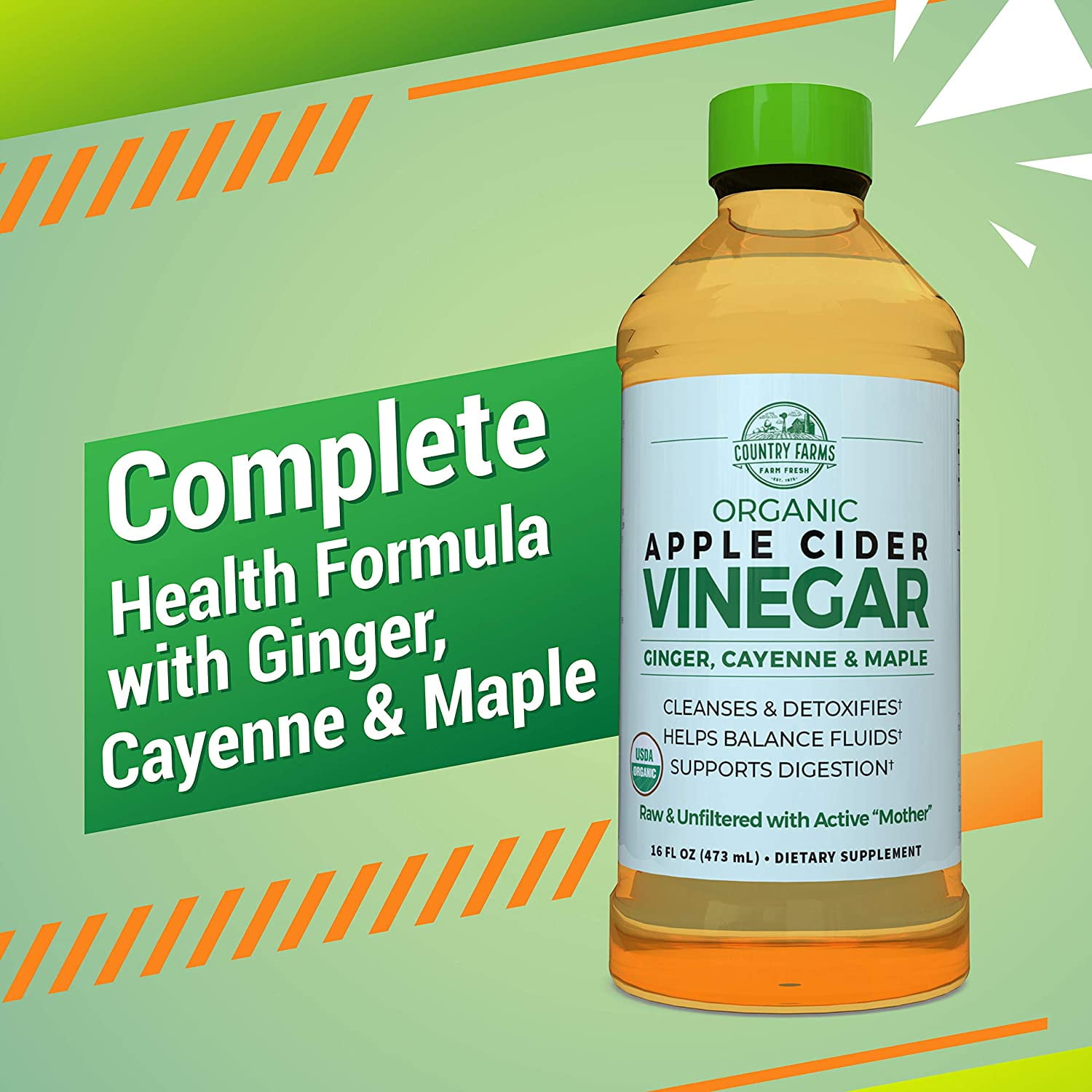 Country Farms Apple Cider Vinegar, Organic With Ginger, Cayenne & Maple 16 oz (Pack of 3)