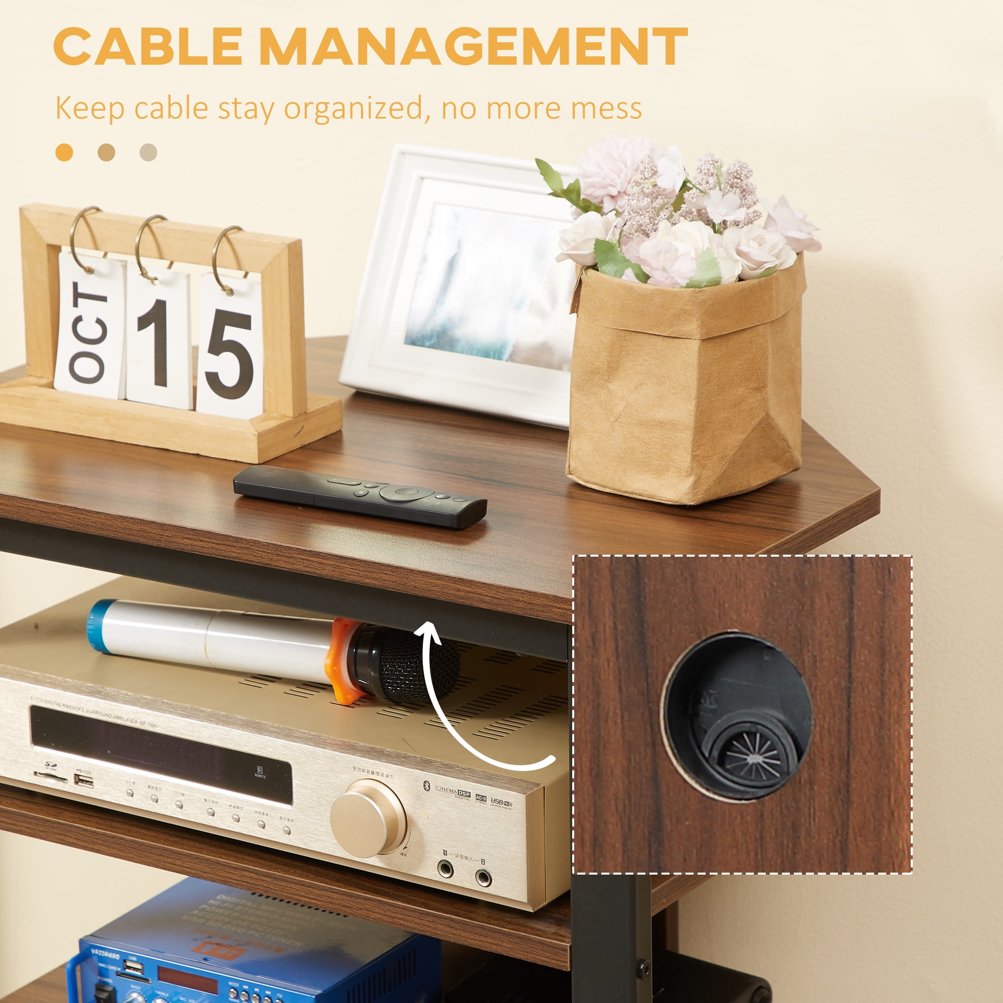 HOMCOM TV Stand, AV Media Stand, Corner Audio Tower with Storage Shelves and Steel Frame, Living Room Storage, Brown