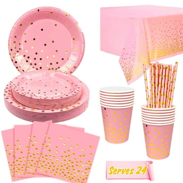 Pink and Gold Party Supplies 193PCS/Serves 24 Disposable Dinnerware Set, Golden Dot Paper Plates Cups Straw Tablecloth Gold Plastic Forks Knives Spoons