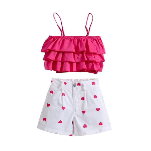 MHZLDYZ Girls Hawaiian Outfit Fashionable Summer Children's Clothing New Girls Rose Red Suspender Cake Top   Heart Shaped Print Shorts Girls Outfits Size 7/8 Hawaiian Shirts for Girls (Hot Pink,90)