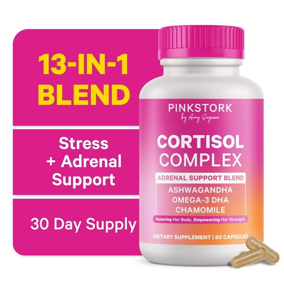 Pink Stork Cortisol Complex: Organic Ashwagandha, Omega 3 DHA, Chamomile - Mood and Stress Management for Women - 60 Count