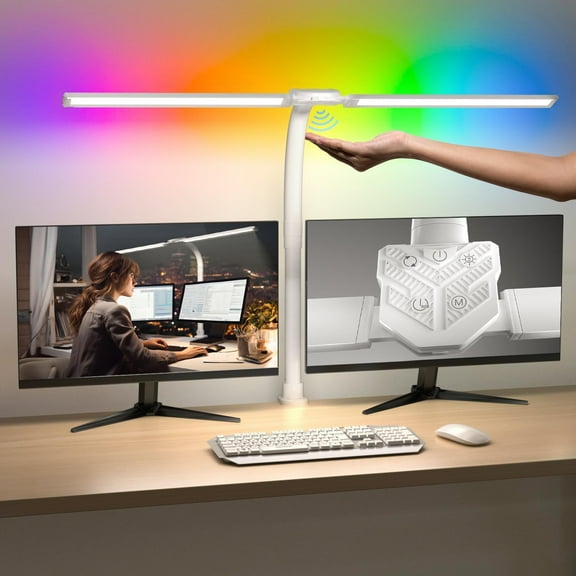 Double Swing Arm Desk Lamp - White Architect Lamp with Clamp for Home Office, Crafting - 24W Bright Rotatable Tempering Wide Table Light with RGB Atmosphere Lighting