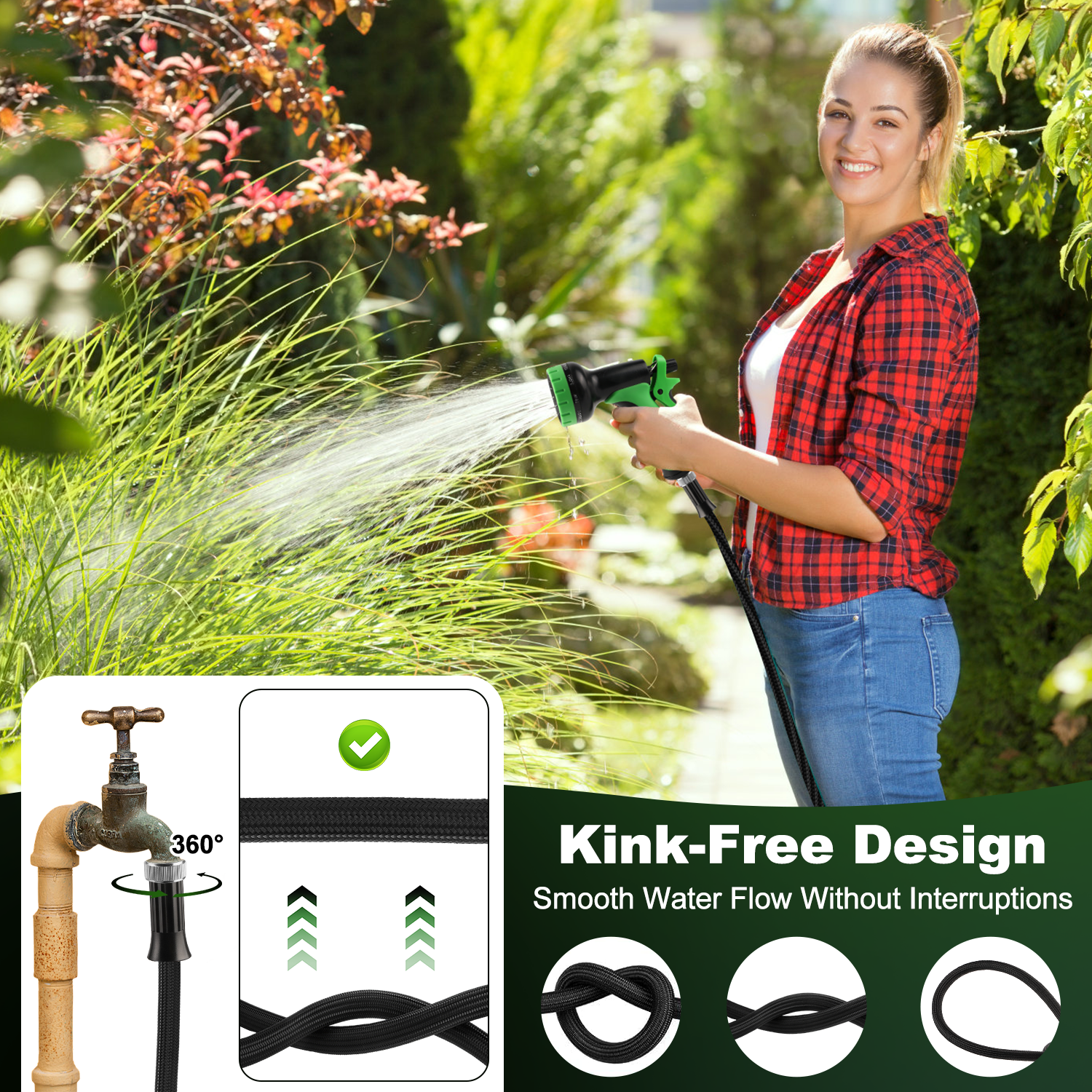 Garden Hose 50FT Non-Expandable Lightweight Water Hose with 10-Function Spray Nozzle, Kink-Free Leak-Proof Hose for Yard Lawn Garden Car Wash