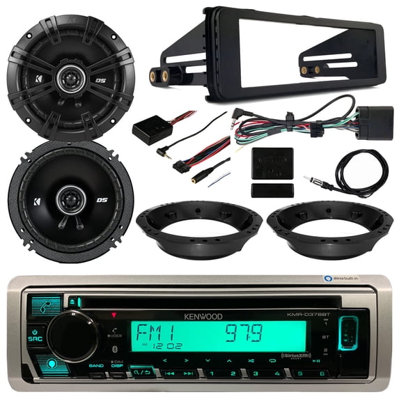 Kenwood KMR-D378BT Marine Bluetooth CD Radio Bundle Combo with 2x Kicker 6.5" DS 240 Watt Speakers, Dash Install Kit, Speaker Adapters, Thumb Control Module, Antenna - 98-2013 Harley Davidson
